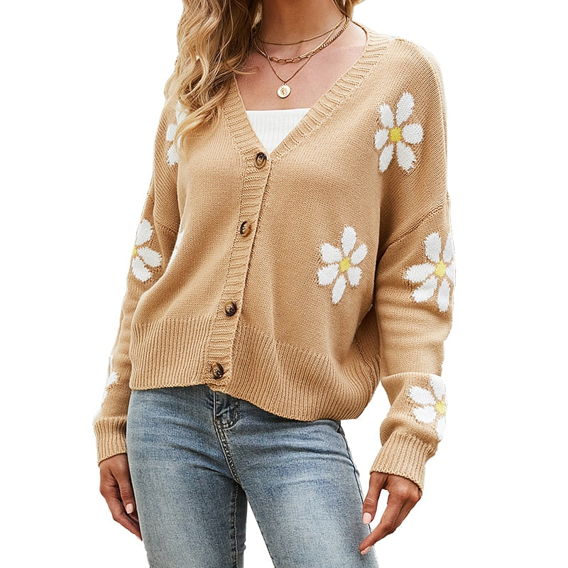 Angela- Blomsterstil strikket cardigan med V-hals